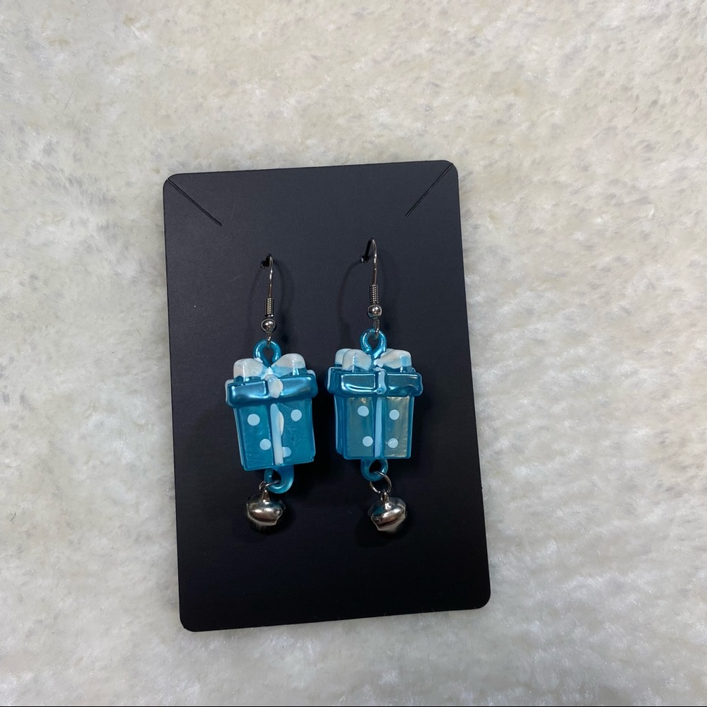 Blue and White Present Jingle Bell Dangle Earrings